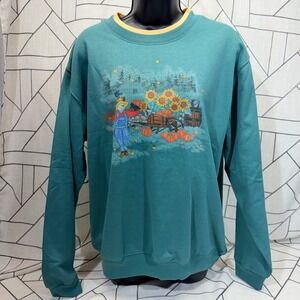Country Store Sweatshirt Large Teal Green Autumn‎ Scarecrow Pumpkin Sunflower